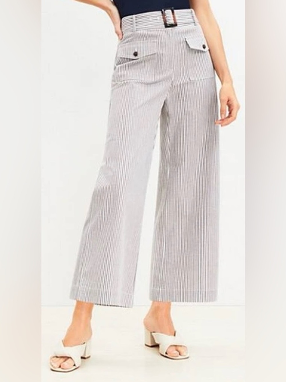 LOFT White and Gray Pinstripe Wide-Leg Pants with Belt